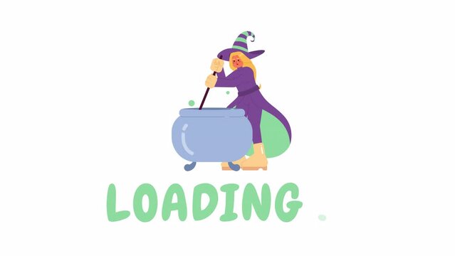 Halloween witch brewing bubbly cauldron 2D loading animation. Wizard lady boiling pot animated cartoon character 4K video loader motion graphic. Helloween magic cooking download, upload progress gif