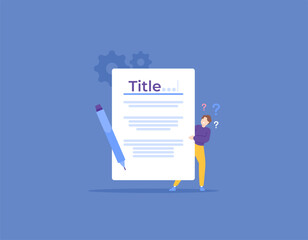 title of research thesis or final project. a student confused to determine the title of research. student problem. education, science, research proposals. illustration concept design. vector elements
