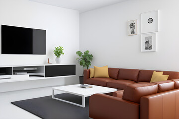 White wall mounted tv on cabinet in living room with leather sofa,minimal design. 3d rendering. Modern living room