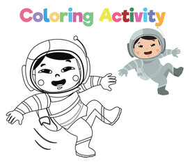 Simple coloring page for kids with astronaut theme, a cute little astronaut floating. Coloring activity for children. Cute cartoon character coloring page. Vector file.