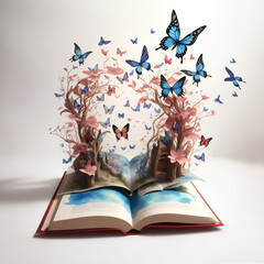 graphics open book with butterflies flying out of it