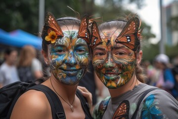 two women wearing matching masks with butterflies painted on them