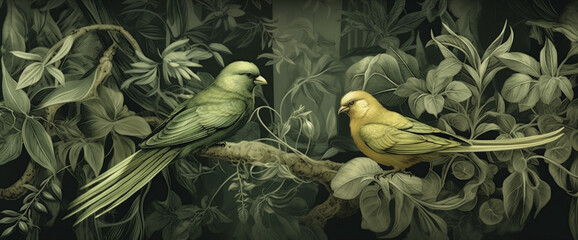 art exotic palm jungle nature bird tropical wallpaper flower leaf. Generative AI.