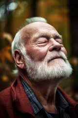 closeup portrait of a senior man with his eyes closed enjoying nature in a forest