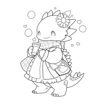 Little cute kawaii dragon coloring page for kids winter new year dragon.