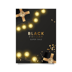 Black Friday sale flyer with black gift boxes, confetti and lighting bulbs. Dark background, golden text lettering