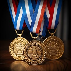 Three gold medals on a ribbon.