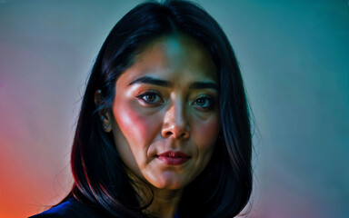 photo of beautiful woman with colorful mixed lighting , generative AI