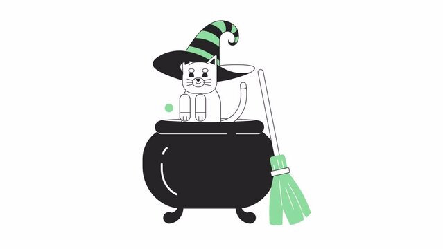 Witch hat cat leaping out of cauldron bw 2D animation. Animal halloween 4K video motion graphic. Magic potion boiling. Witchcraft monochrome outline animated cartoon flat concept, white background
