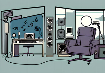 Recording studio control room with professional equipment. Isometric color illustration with loudspeakers, guitar and control panels. Radio booth for singers and bands. Song audio recording concept, G