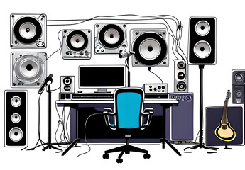 Recording studio control room with professional equipment. Isometric color illustration with loudspeakers, guitar and control panels. Radio booth for singers and bands. Song audio recording concept, G