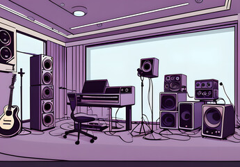 Recording studio control room with professional equipment. Isometric color illustration with loudspeakers, guitar and control panels. Radio booth for singers and bands. Song audio recording concept, G