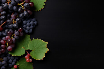 bunch of black grapes on black background with copy space
