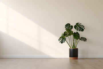 Monstera in a pot on a wooden floor in an empty room with copyspace