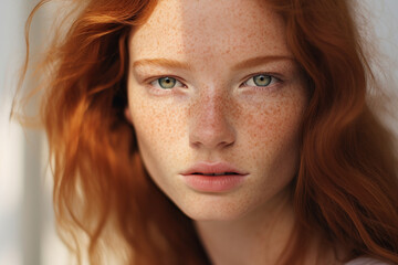 Face of beautiful woman with red hair and freckles - obrazy, fototapety, plakaty
