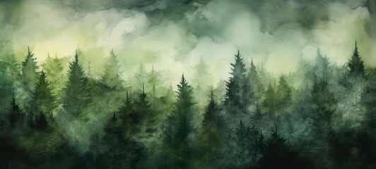 Watercolor painting of green forest woods trees, hand drawn fir and spruce trees, landscape .background illustration