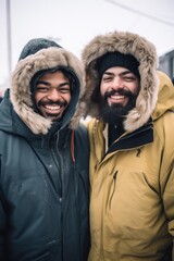 two friends in winter jackets smiling