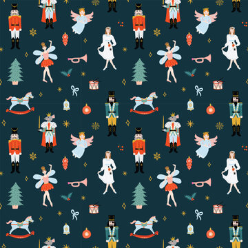 The nutcracker ballet characters christmas holiday pattern. Childish pattern for packaging, fabric print, wrapping paper, stationery. Hand drawn illustration of mouse king, ballerina, fairy. 