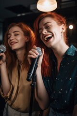 two female friends with microphones singing together