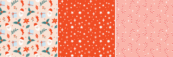 Christmas pattern set with stars and sparkles, winters flowers, holly leaves and Santa. Background for fabric, gift wrap, wallpaper etc. 