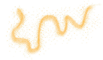 Golden scattering of small particles of sugar crystals, flying salt, top view of baking flour. Golden powder, powdered sugar explosion isolated on transparent background. PNG.