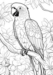 cute parrot sitting on the flowered tree in the forest