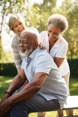 Fototapeta premium shot of a senior man being helped up by another woman while they relax together outside