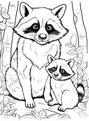 Coloring page with example. Mother raccoon stands with her little cute baby in the forest