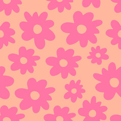 Fototapeta na wymiar Vector. Abstract Groovy Flowers Pattern. Doodles.Trendy Floral Background in 1970s Hippie Retro Style Print for Textile,Fabric Wrapping Paper,Packaging Web Design and Social Media. Pink.Pastel Colors.