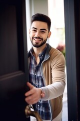 shot of a handsome young man holding open the door for a friend