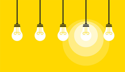 Vector illustration of white light bulbs hanging on wires on a yellow background. One of them is lit, symbolizing ideas and creativity. (EPS 10)