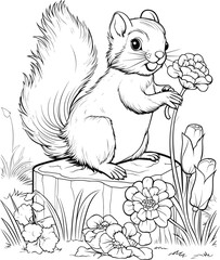 Coloring page. Little cute squirrel stands on the stump and looks at the beautiful flower. Flower grows from the stump. There are bushes, grass and flowers around