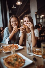 friends, girl and happy on phone for pizza in restaurant to celebrate, relax or smile with food