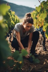 shot of a young woman working on a vineyard