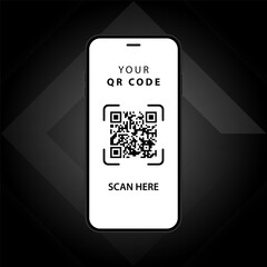 Vector illustration of a phone on a dark and beautiful background with the text Your QR Code, and on the phone the text Scan Here. Business and technology concept. (EPS 10)