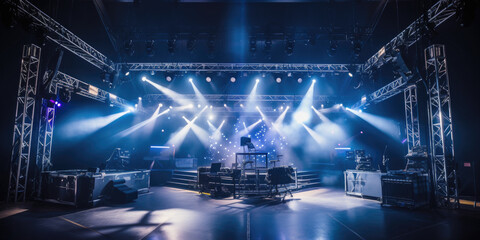 A Live stage production in an live venue. Stage rigging equipment, lighting, and PA systems.