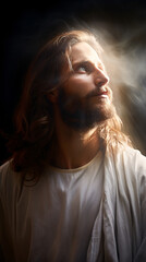 Jesus Christ depicted with a gentle expression, surrounded by a heavenly glow, bringing a sense of peace and serenity.