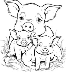 Coloring pages. Mother pig looks at her little cute piglet
