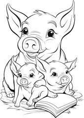 Coloring pages. Mother pig looks at her little cute piglet