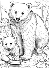 Coloring pages. Wild animals. Kind bear looks at little cute baby bears