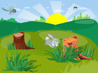 Cute rabbit sitting in the grass vector illustration in cartoon style. Children's book illustration of a stylized animal.