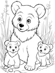 Coloring pages. Wild animals. Kind bear looks at little cute baby bears