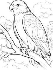 Coloring pages. Wild birds. Cute eagle sits on the tree branch and smiles