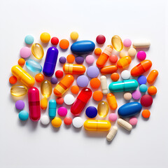 A variety of different colored and shaped pills on a white background - Generative AI