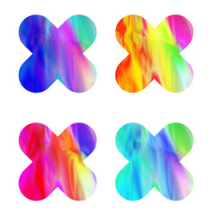 Collection of stickers made of holographic material in various colors, wrong mark, cross x vector icon. no wrong symbol. delete, vote sign. graphic design element set on transparent background