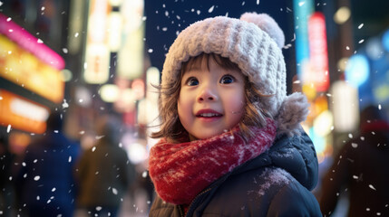photo of a kid playing , snow filling the air at Shibuya Tokyo, ai generated.