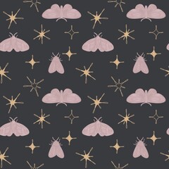 Magic celestial seamless pattern with moths. Boho magic background with space elements of stars, butterflies. Doodle texture.