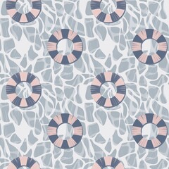 Seamless pattern lifebuoy on blue striped background. Summer time pattern. Inflatable life ring, floating buoy in wavy water swimming pool pattern, print design.