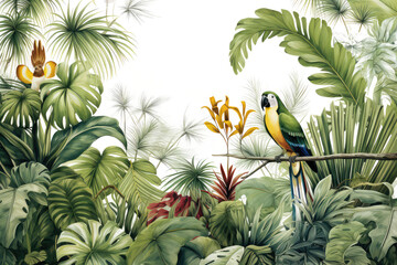 Jungle background, big leaf and bird on background