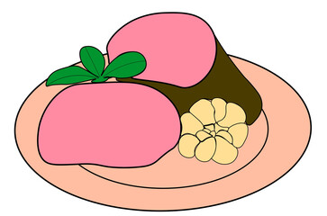 The illustration shows a cold meat with a head of garlic.
